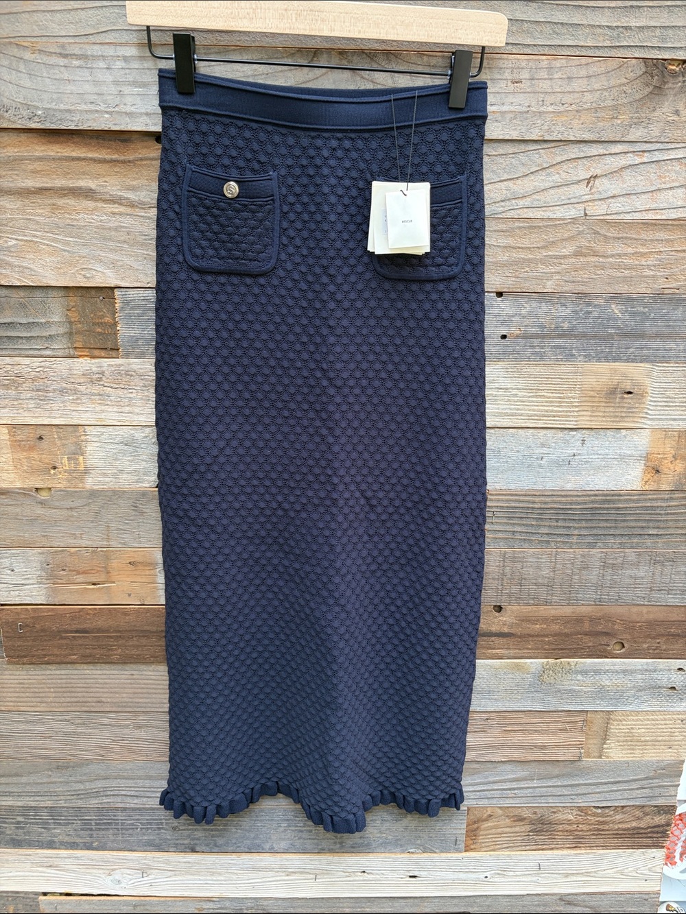 Sandro Navy Textured Midi Skirt with Pocket Details